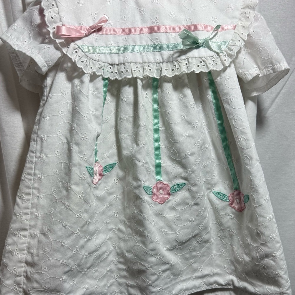 Vintage White Eyelet Baby Dress with Pink & Mint Ribbon Trim